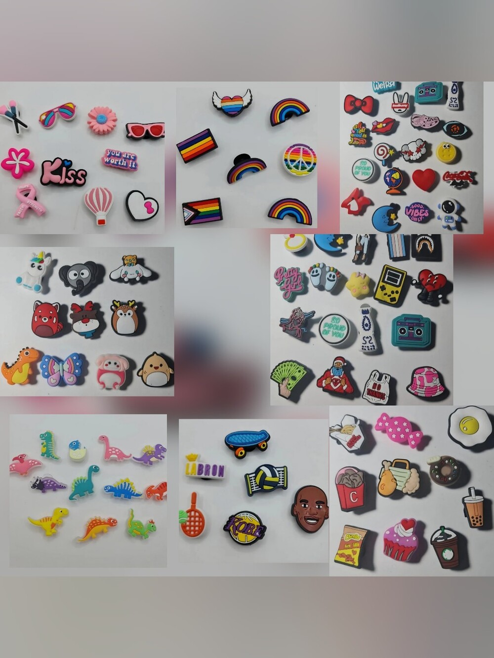 Shoe Charms for Crocs Lot Lakers Dinosaurs Squishmallows Rainbows Food Peace